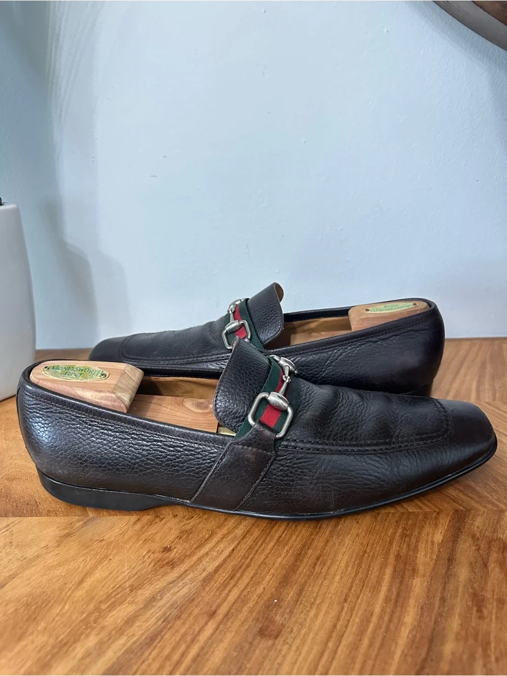Gucci Brown Leather Horsebit Web Stripe Loafers SZ 11 US Classic Luxury Designer